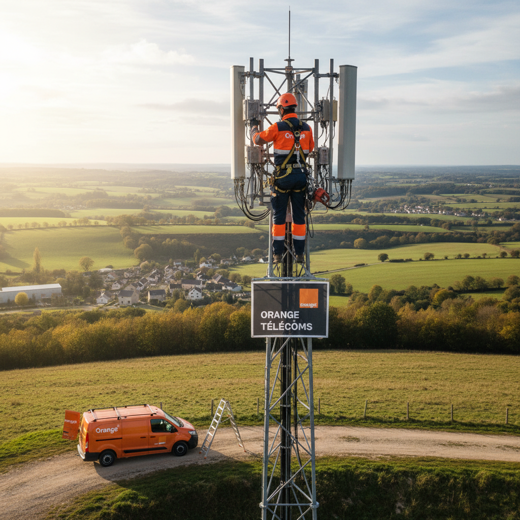 Un technicien en équipement de sécurité orange et bleu travaille sur le sommet d'un pylône de télécommunications arborant le logo Orange, avec une camionnette de service garée en contrebas dans un paysage vallonné.