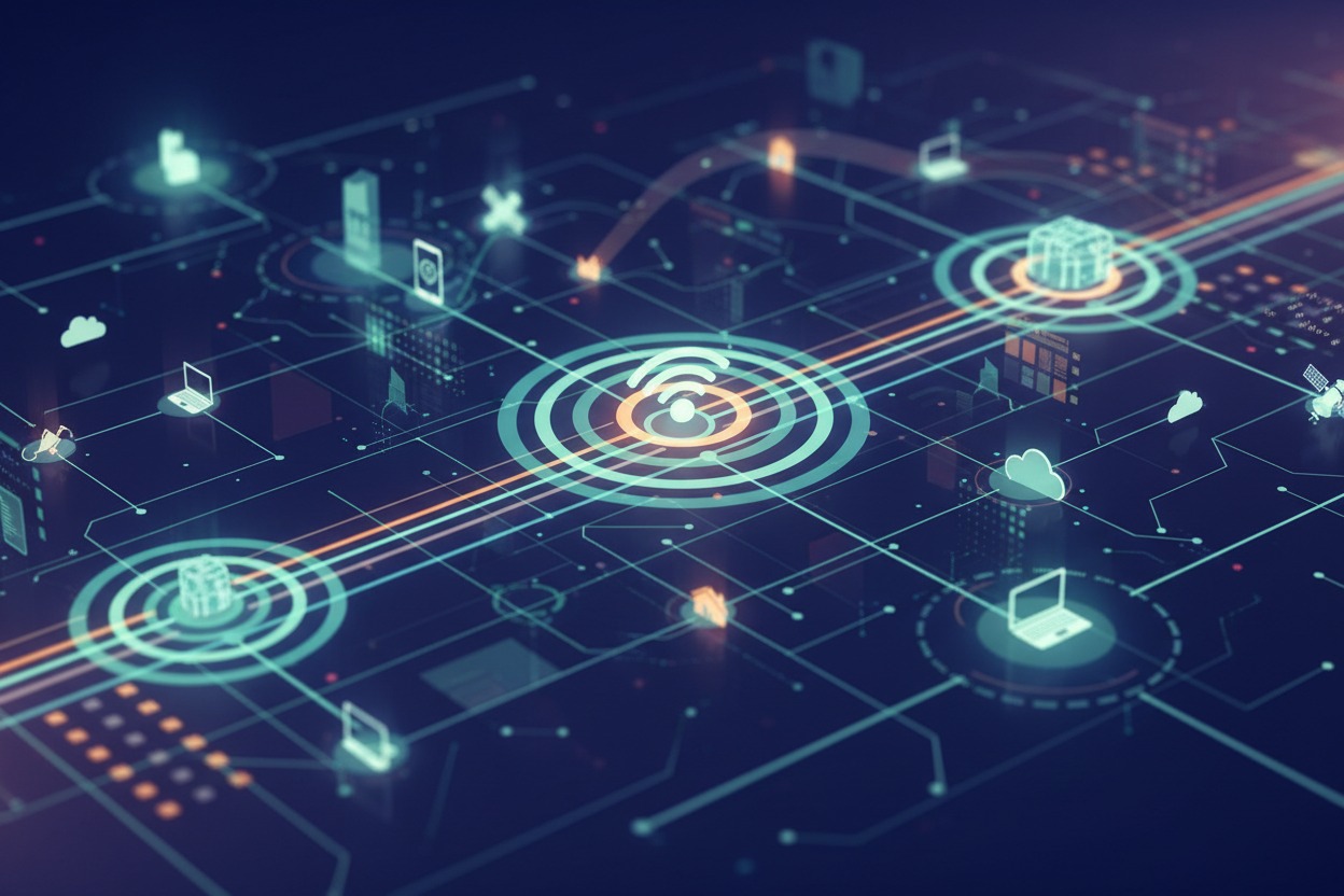 Un réseau numérique abstrait avec des connexions lumineuses et des symboles technologiques sur fond sombre.